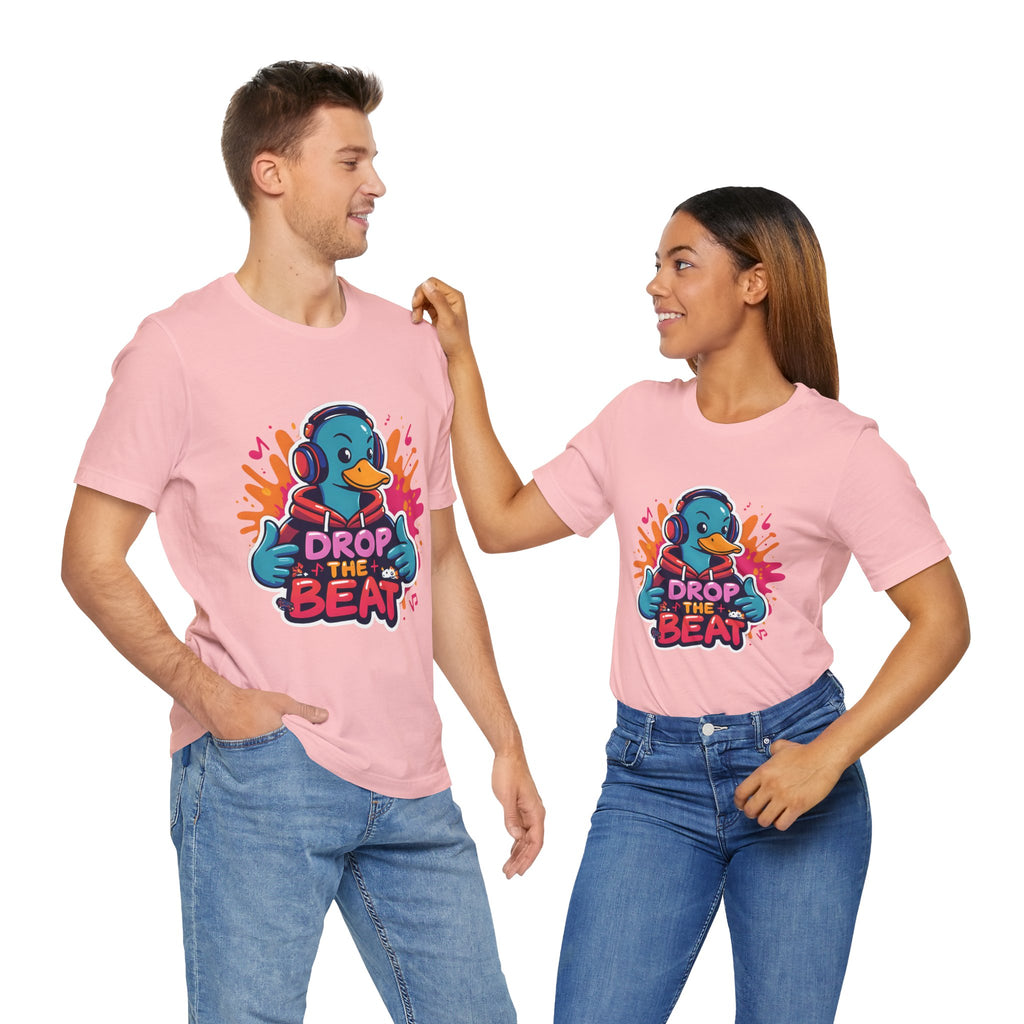 Two people wearing pink t-shirts with a colorful graphic and text on a white background