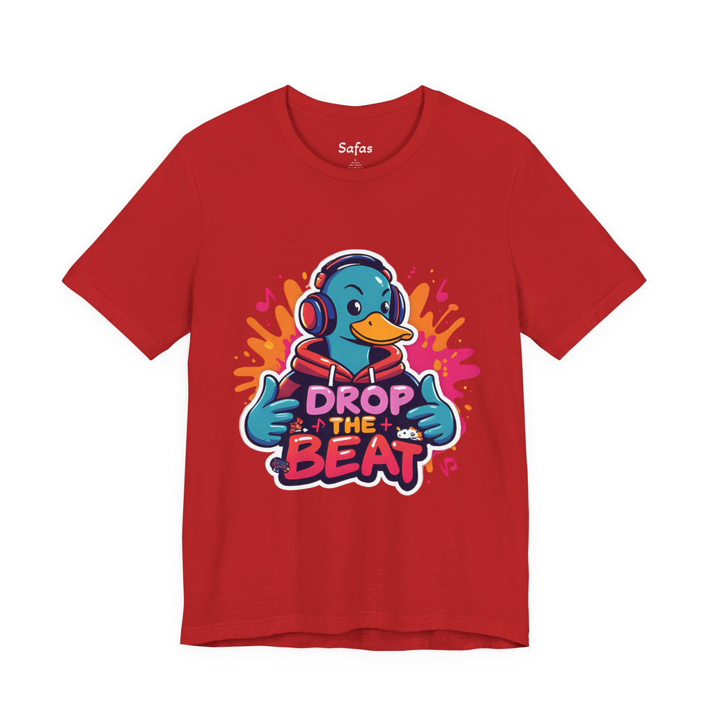 Red t-shirt with a cartoon duck wearing headphones and 'Drop the Beat' text on a white background
