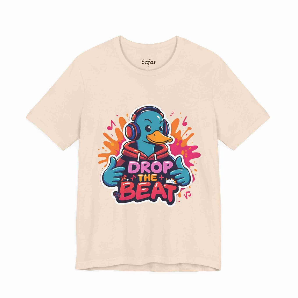 Soft Cream t-shirt with a colorful graphic of a duck wearing headphones and 'Drop the Beat' text on a white background.