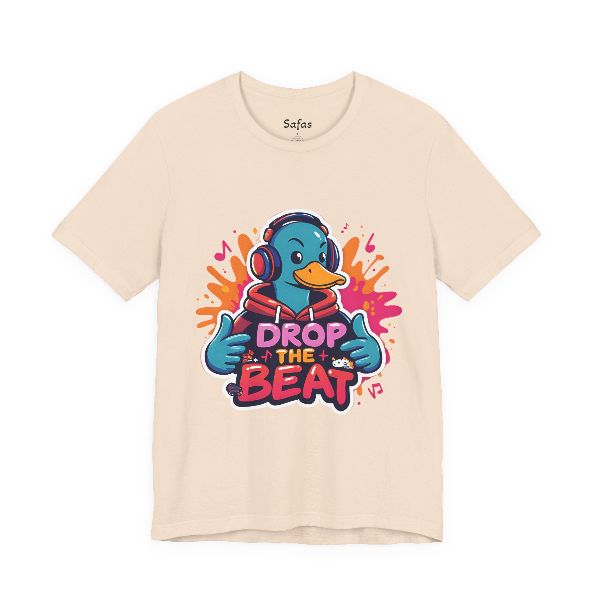 Soft Cream t-shirt with a colorful graphic of a duck wearing headphones and 'Drop the Beat' text on a white background.