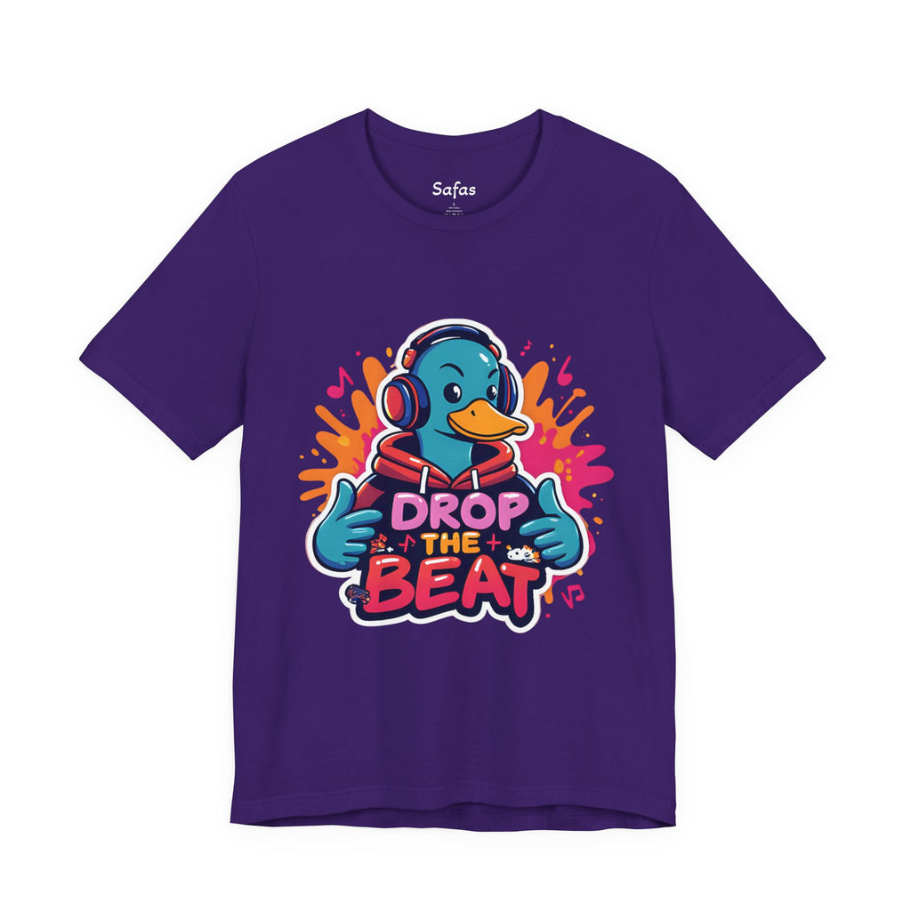 Team Purple t-shirt with a cartoon duck wearing headphones and 'Drop the Beat' text on a white background