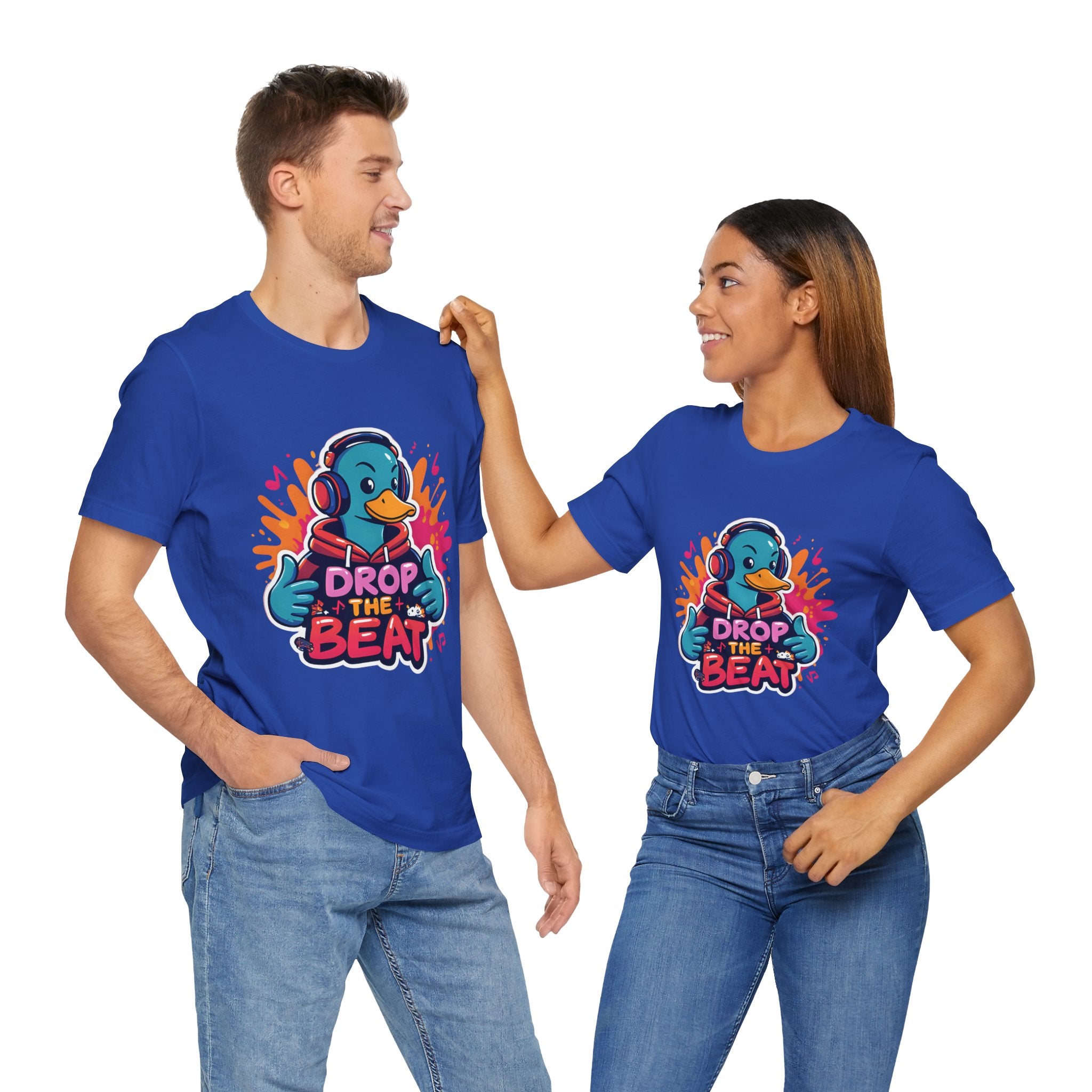 Two people wearing True Royal t-shirts with a colorful graphic and text on a white background