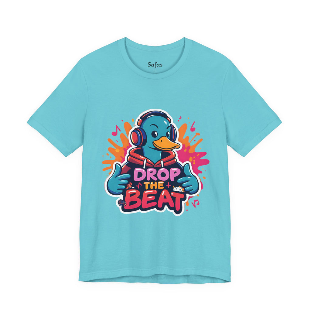 Turquoise t-shirt with a duck wearing headphones and 'Drop the Beat' text on a white background