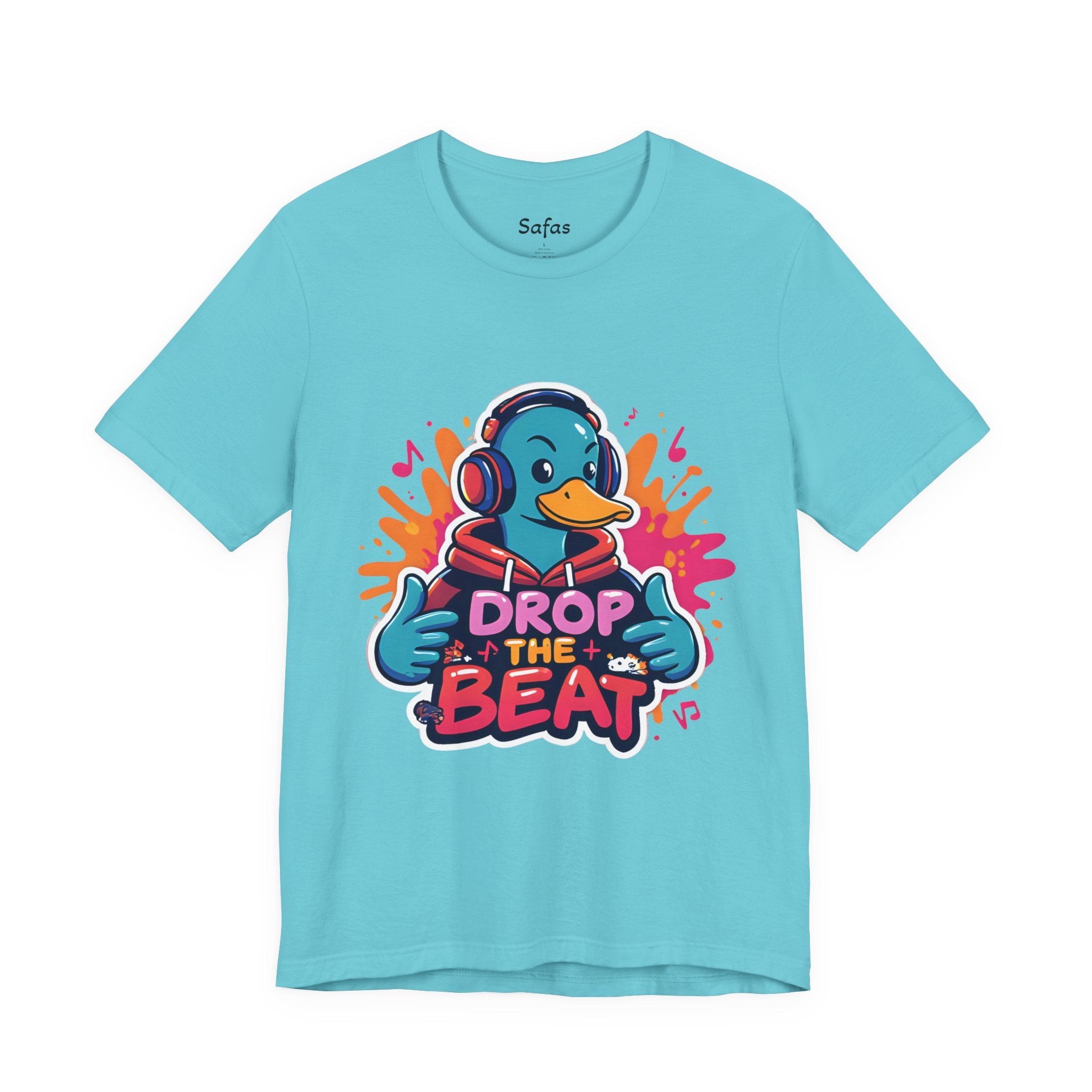 Turquoise t-shirt with a duck wearing headphones and 'Drop the Beat' text on a white background