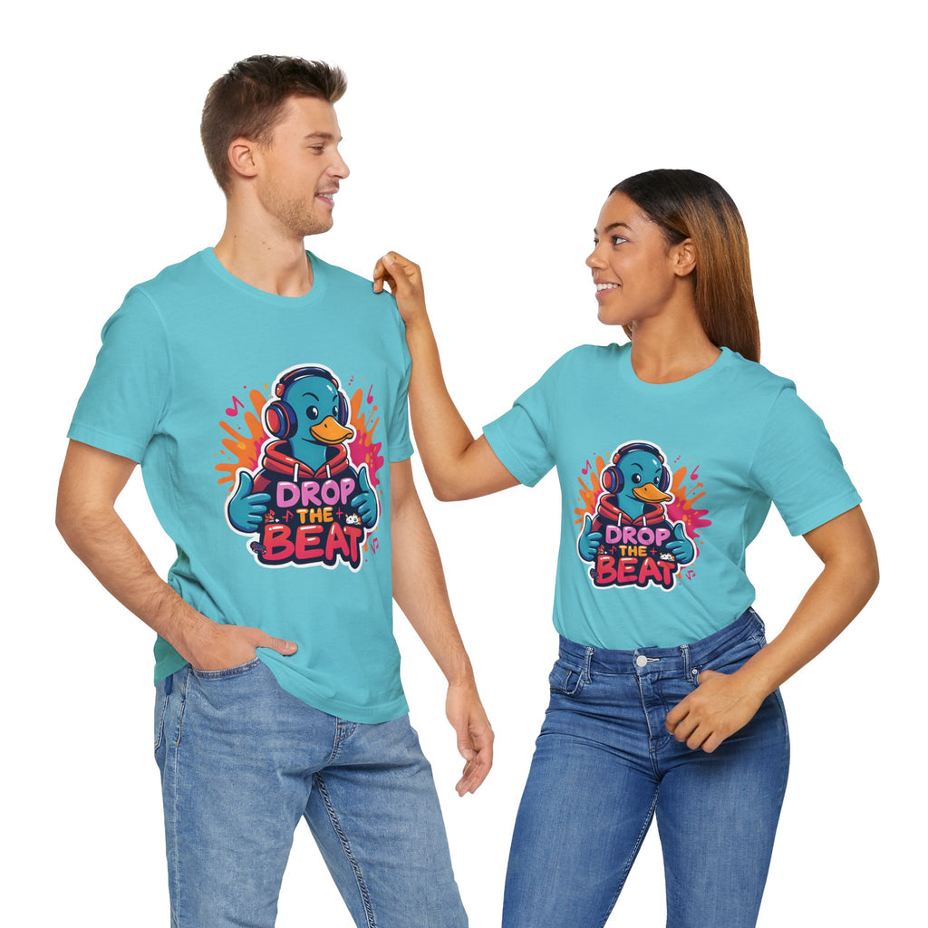 Two people wearing matching Turquoise t-shirts with a duck graphic and text on a white background