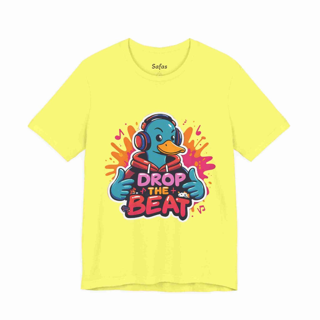 Yellow t-shirt with a duck wearing headphones and 'Drop the Beat' text on a white background