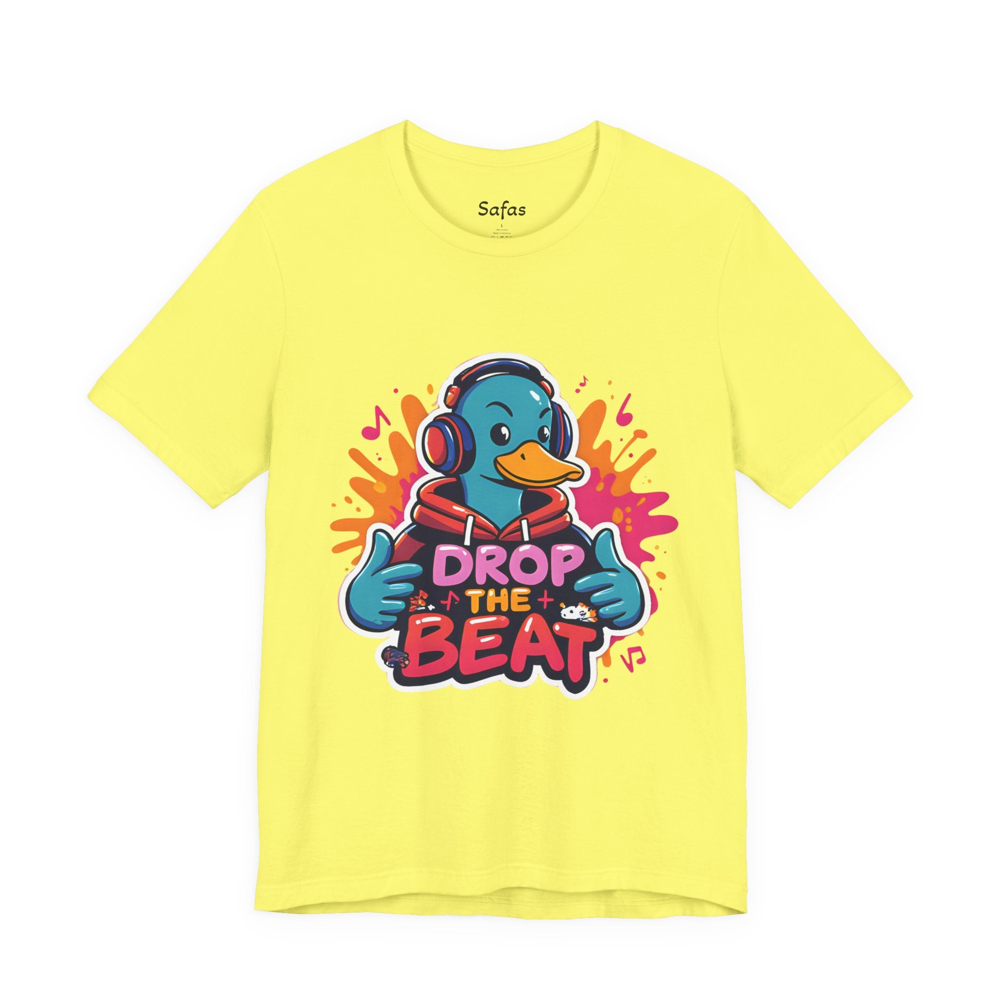 Yellow t-shirt with a duck wearing headphones and 'Drop the Beat' text on a white background