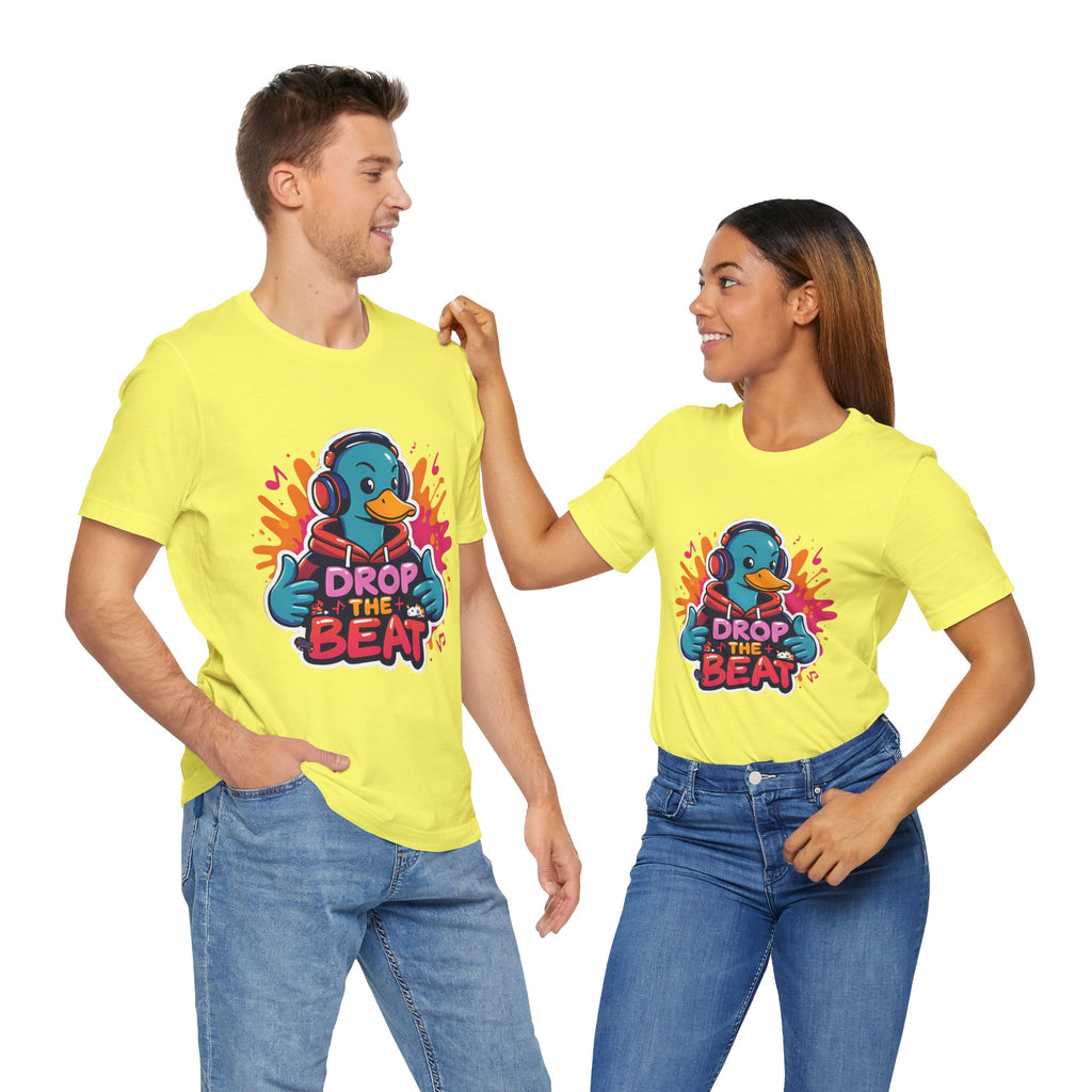 Two people wearing yellow t-shirts with a colorful graphic and text on a white background