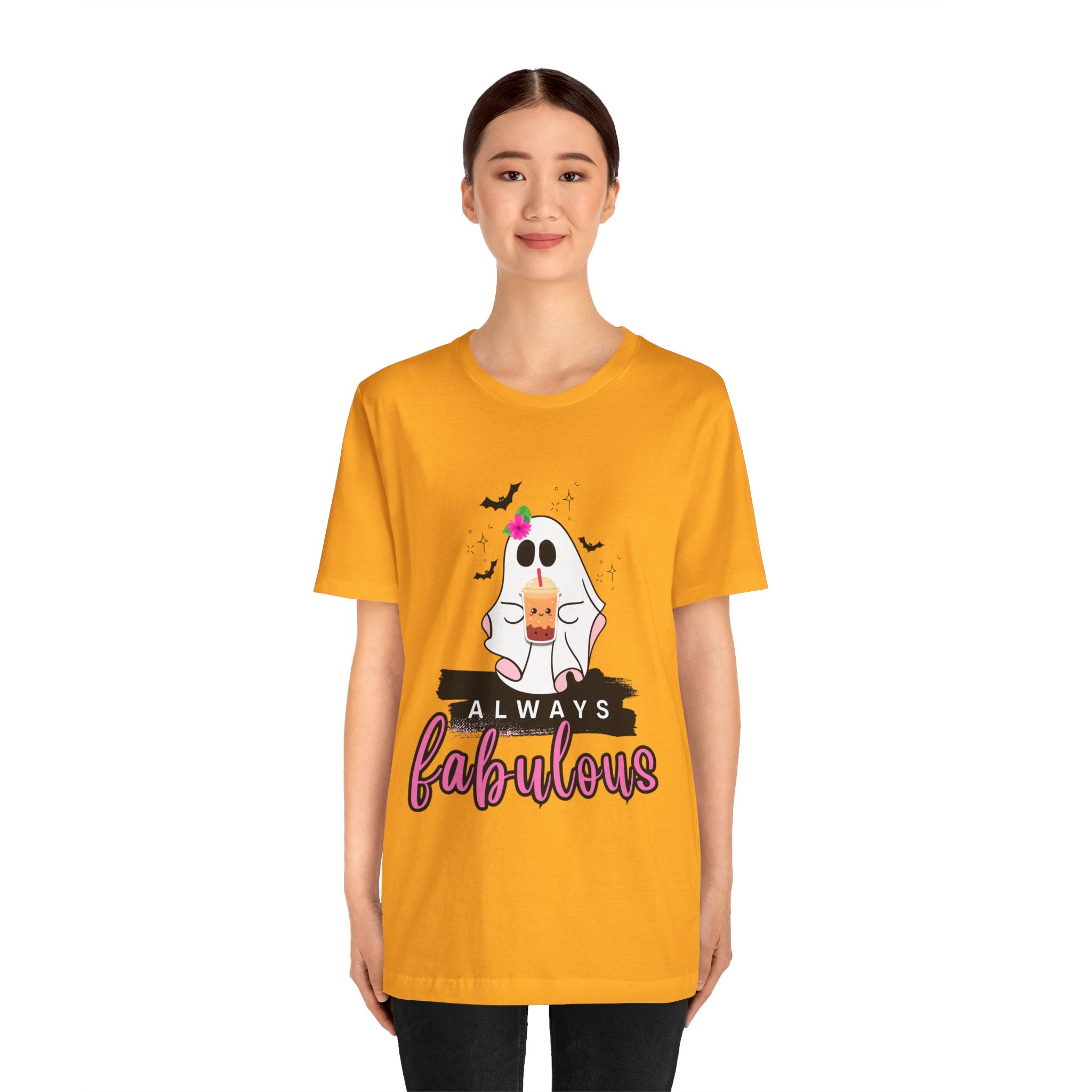 Gold t-shirt with a ghost graphic and 'Always Fabulous' text on a white background