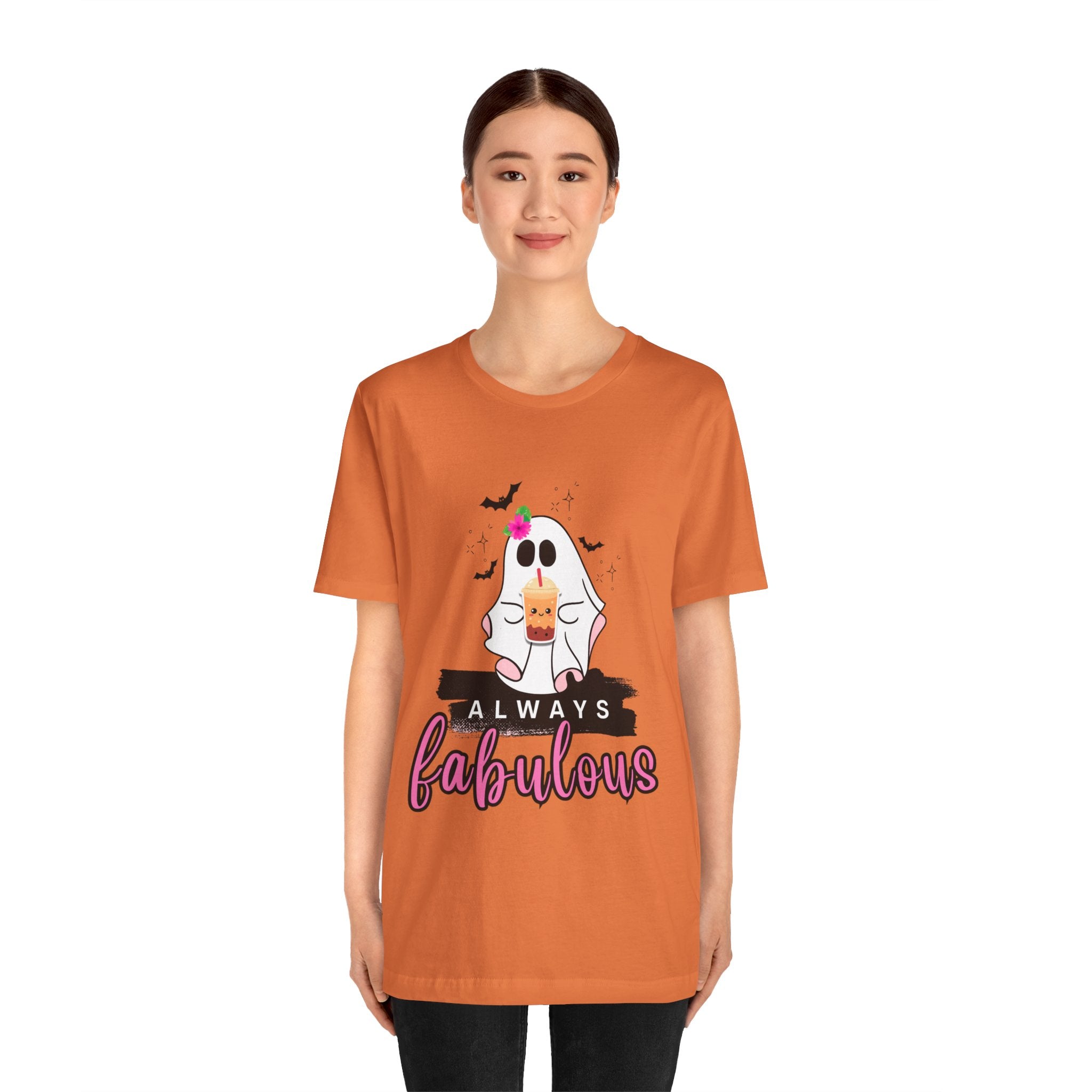 Burnt orange t-shirt with a ghost graphic and 'Always Fabulous' text on a white background