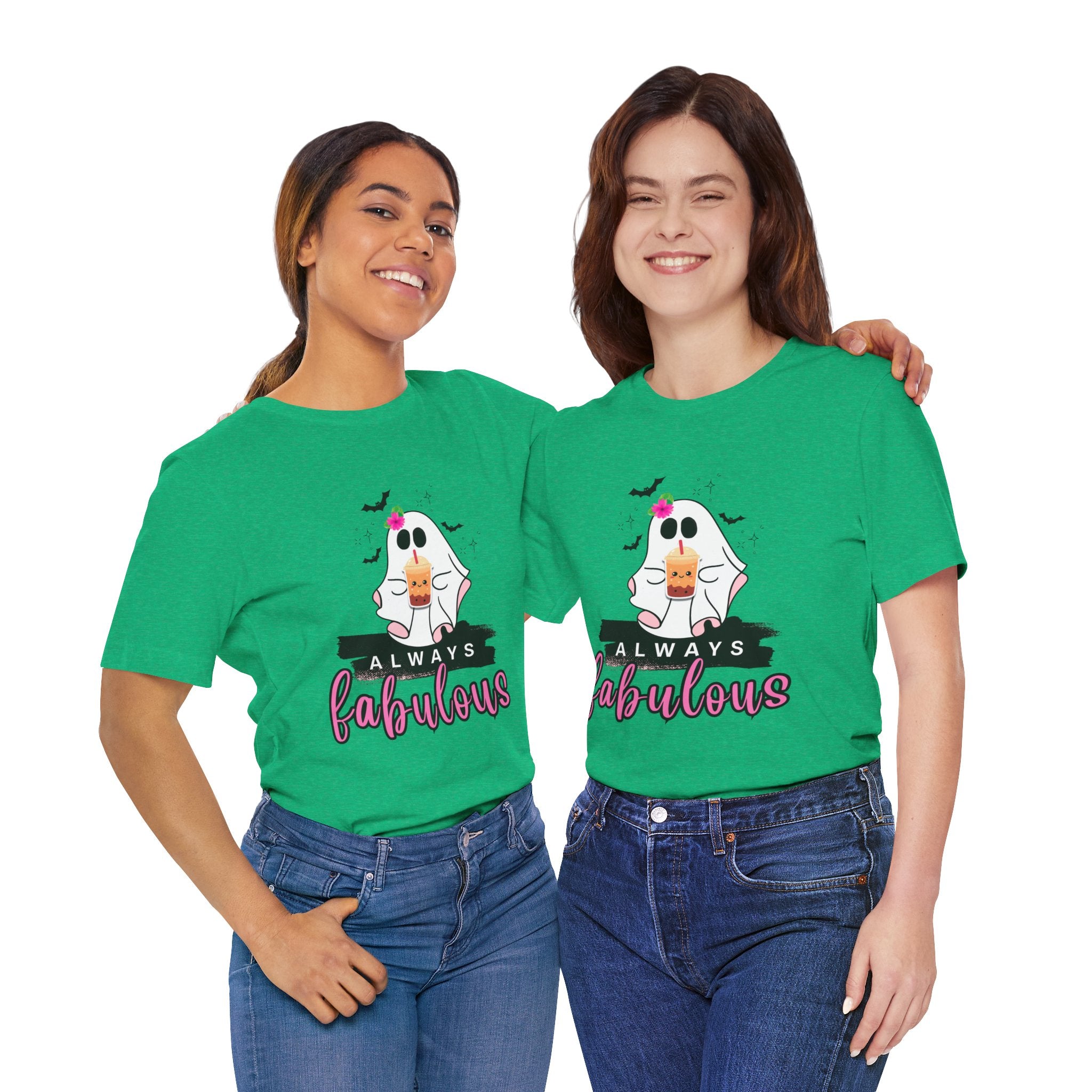 Two people wearing Heather kelly t-shirts with a ghost and text design on a white background