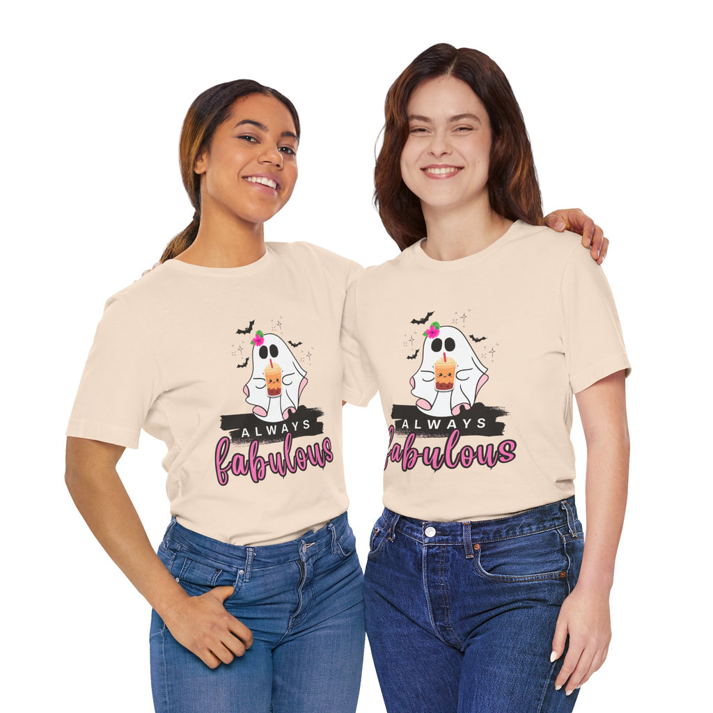 Soft Cream t-shirt with a ghost graphic and 'Always Fabulous' text on a white background