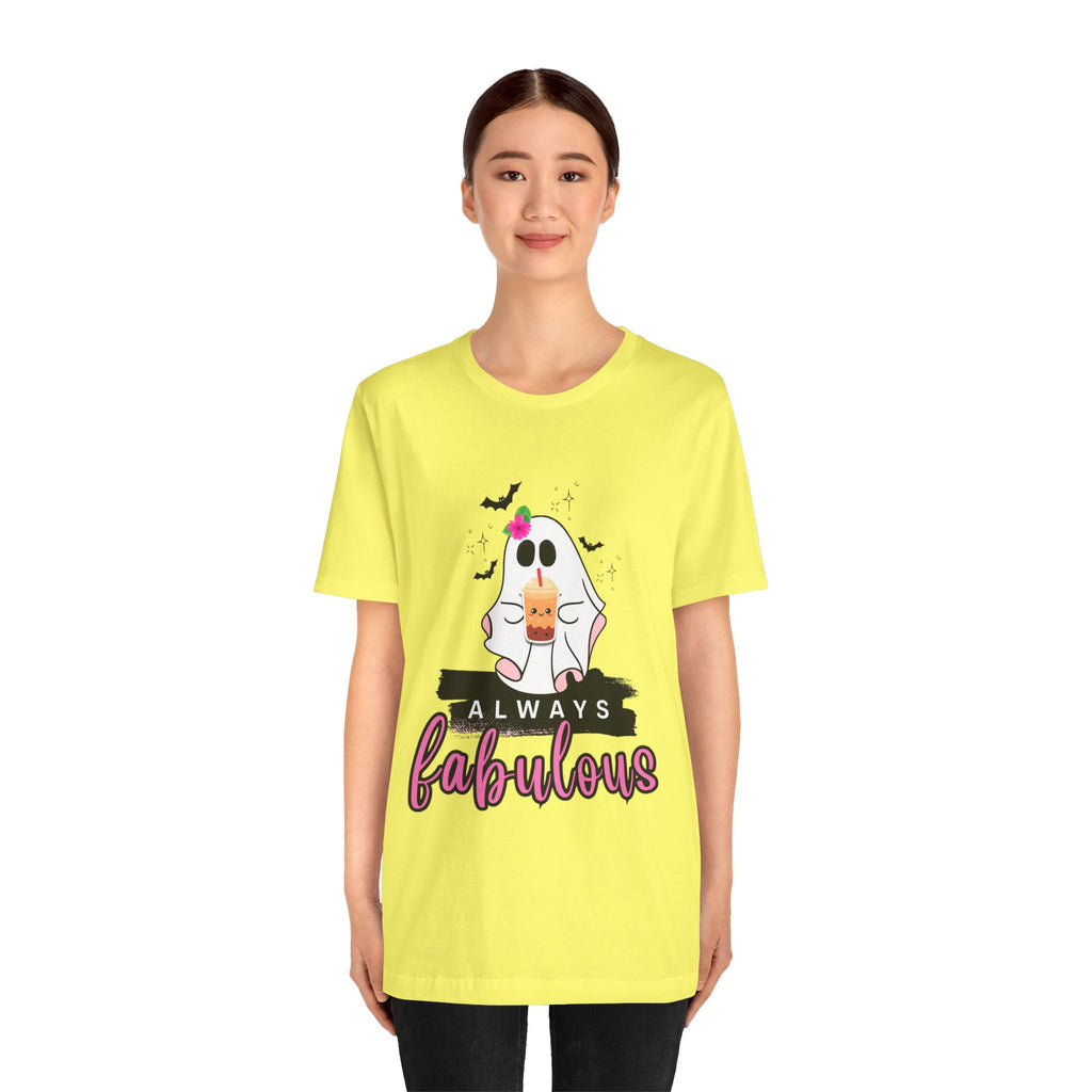 Yellow t-shirt with a ghost graphic and 'Always Fabulous' text on a white background
