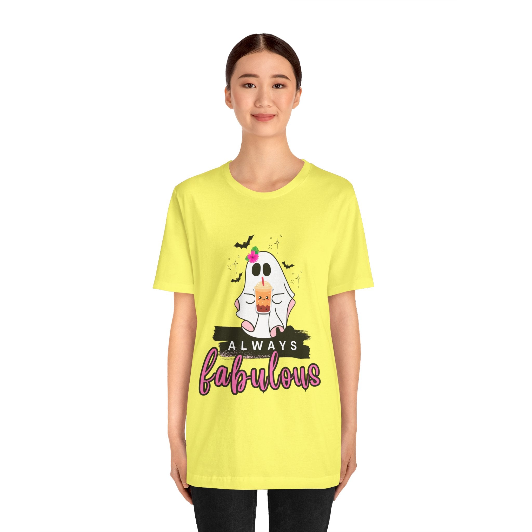 Yellow t-shirt with a ghost graphic and 'Always Fabulous' text on a white background