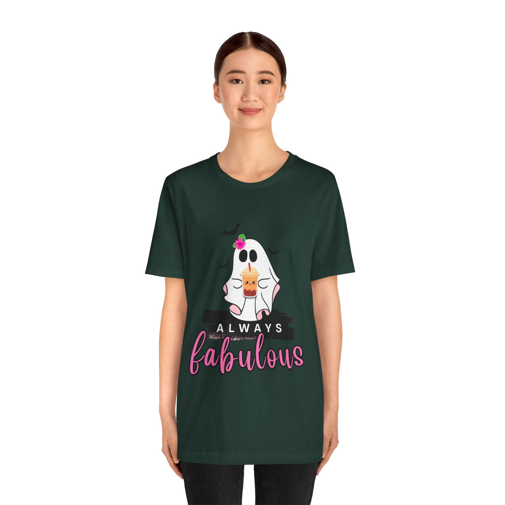 forest t-shirt with a ghost graphic and 'Always Fabulous' text on a white background