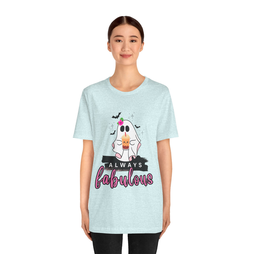 Person wearing a prism ice blue t-shirt with a graphic design and text on a white background