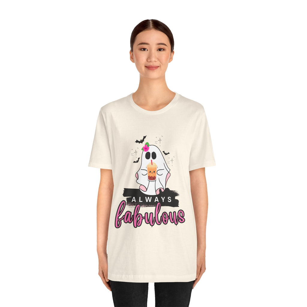 Natural t-shirt with a ghost graphic and 'Always Fabulous' text on a white background