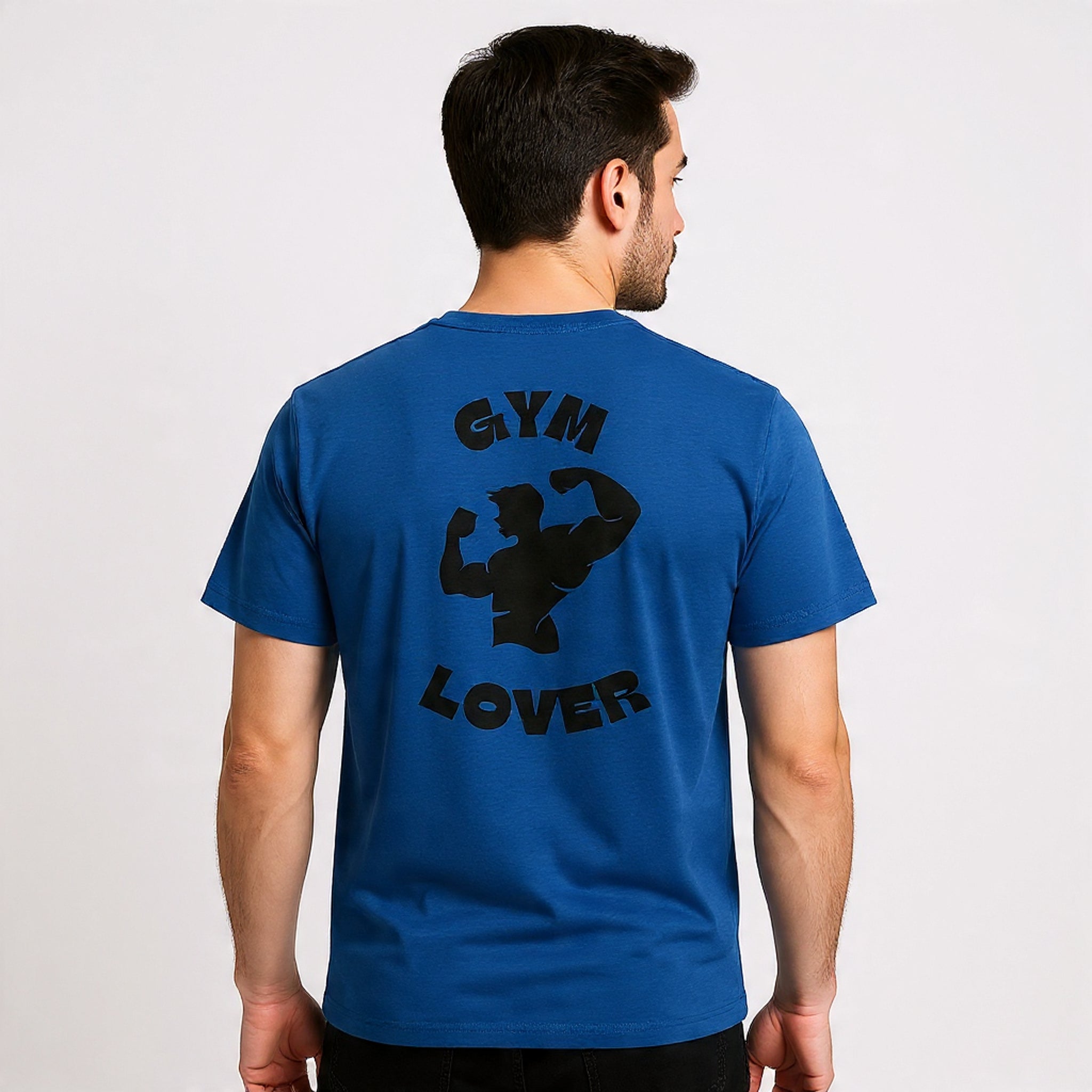 Man wearing a Solid Cool blue t-shirt with 'GYM LOVER' text and graphic on the back against a light gray background