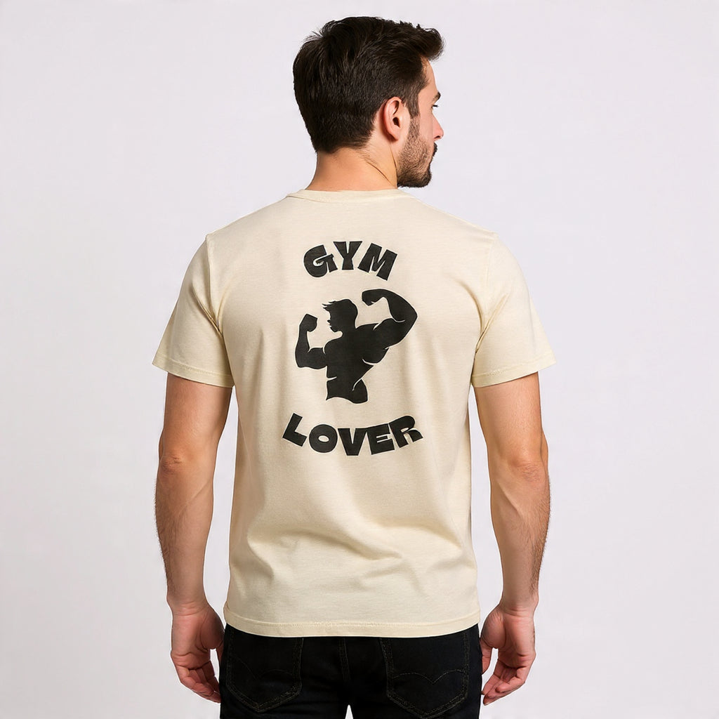 Man wearing a Solid Cream t-shirt with 'Gym Lover' graphic on the back against a light gray background