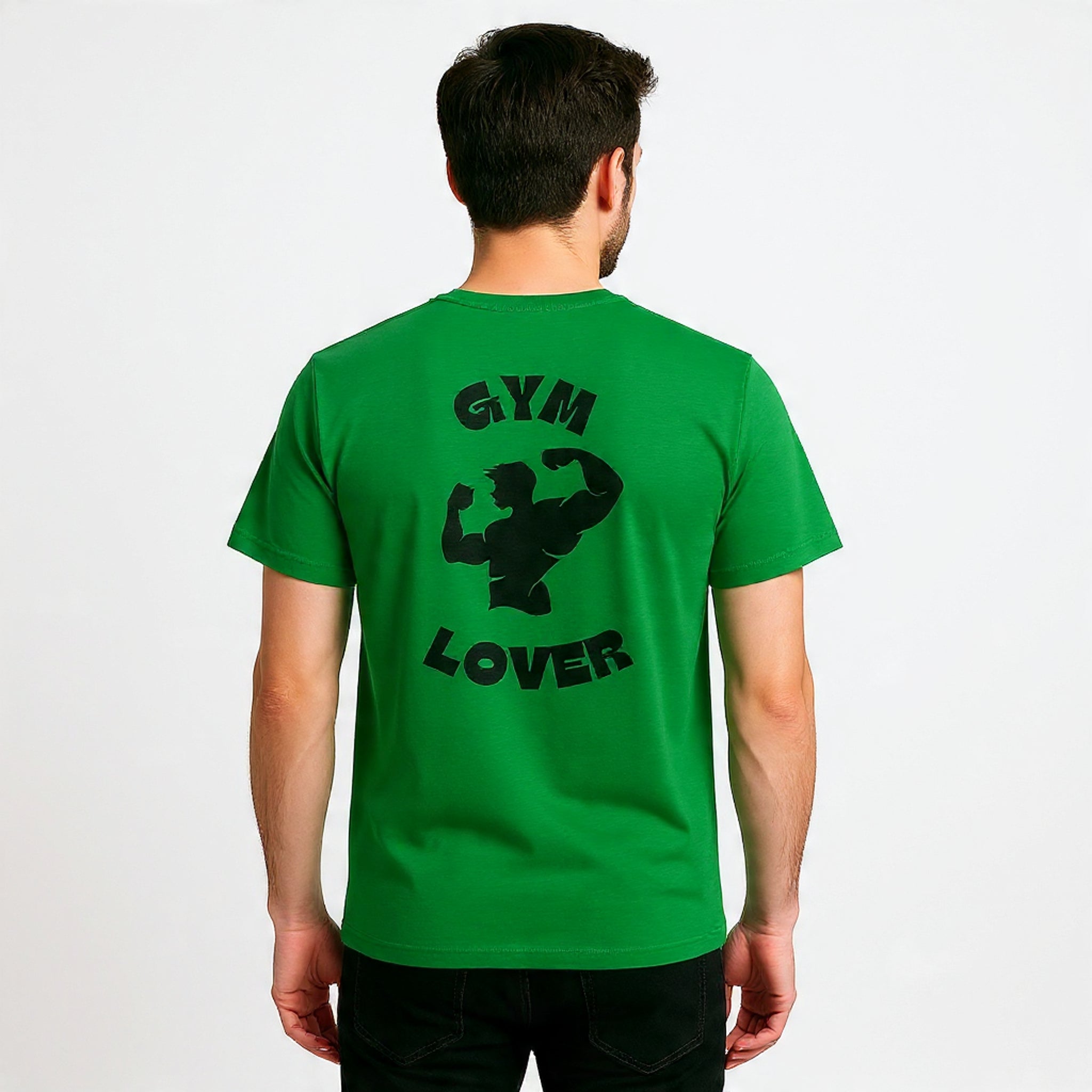 Person wearing a Solid Kelly green t-shirt with 'Gym Lover' text and graphic on the back.