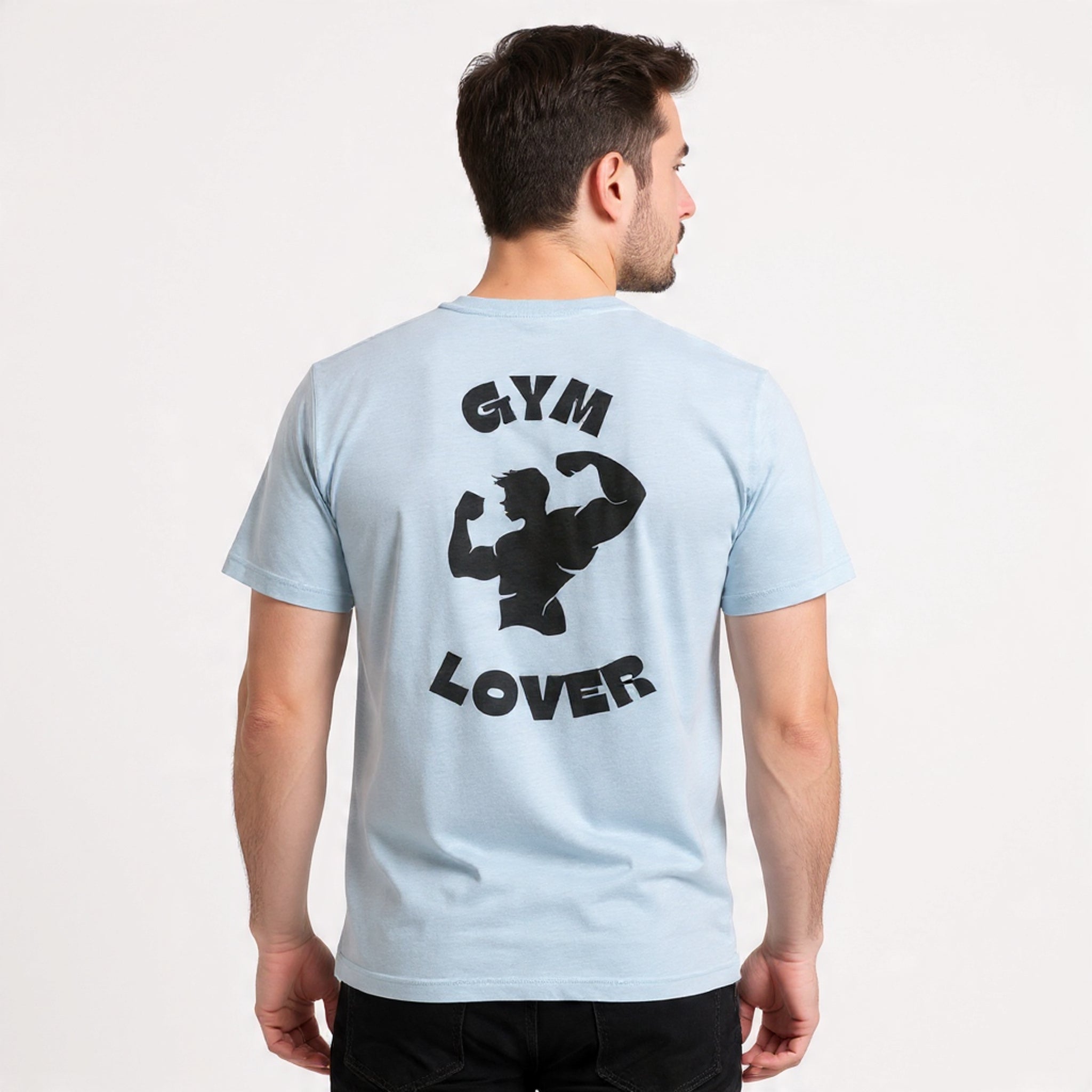 Man wearing a Solid light blue t-shirt with 'Gym Lover' text and silhouette on the back.