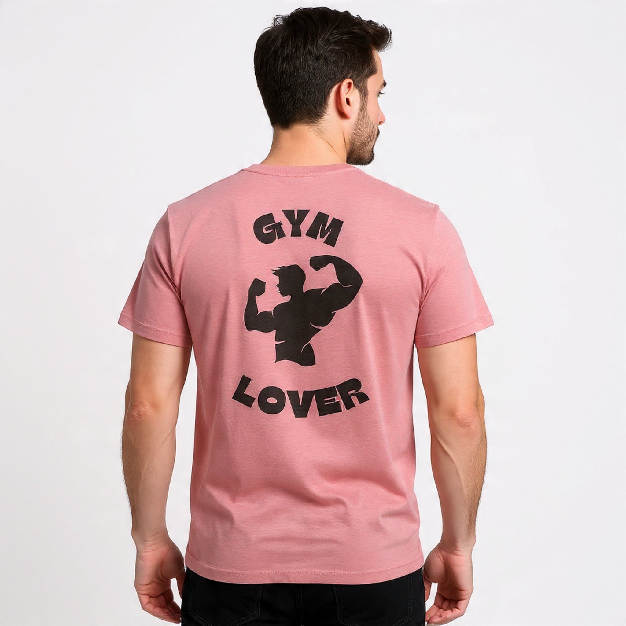 Man wearing a Solid Light pink t-shirt with 'Gym Lover' text and graphic on the back against a white background