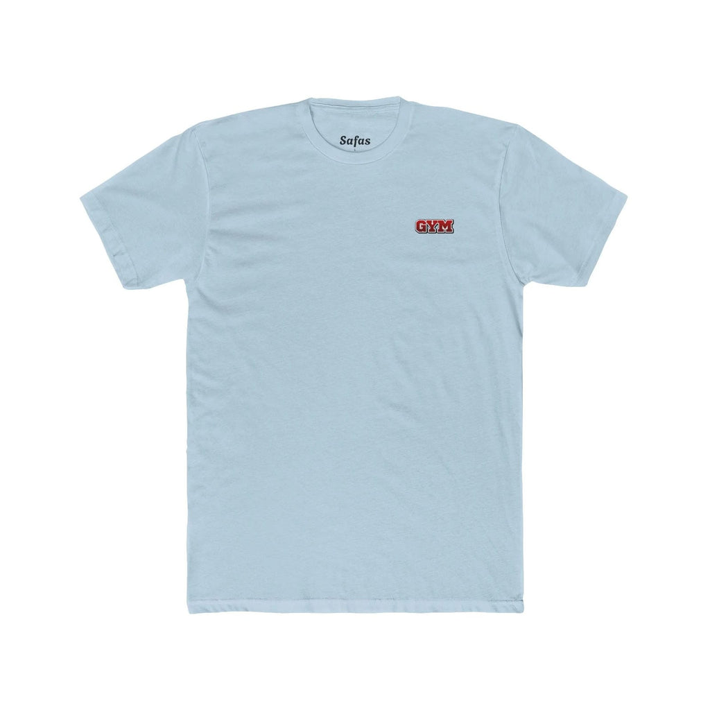Solid Light blue t-shirt with small logos on a white background