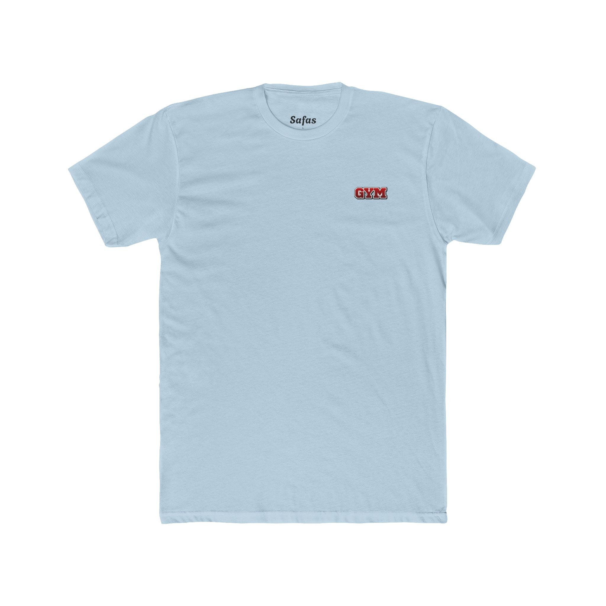 Solid Light blue t-shirt with small logos on a white background