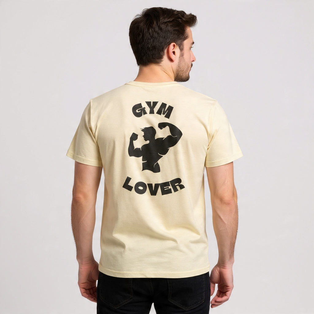 Man wearing a Solid Natural t-shirt with 'Gym Lover' text and graphic on the back against a plain background