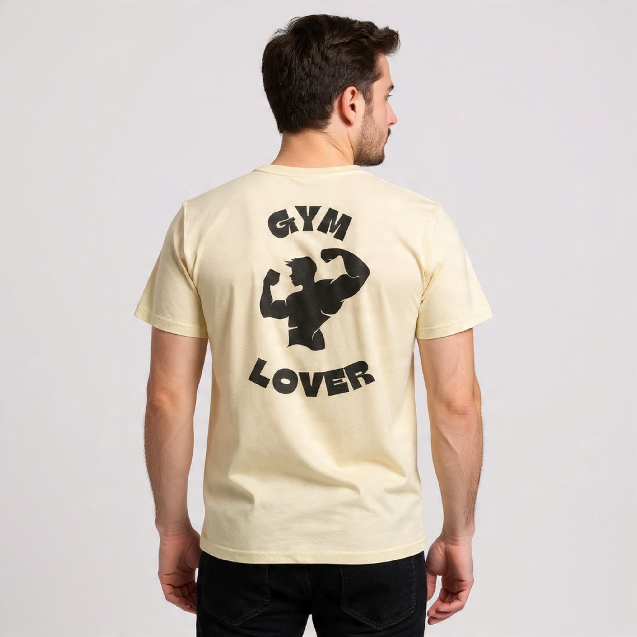 Man wearing a Solid Natural t-shirt with 'Gym Lover' text and graphic on the back against a plain background