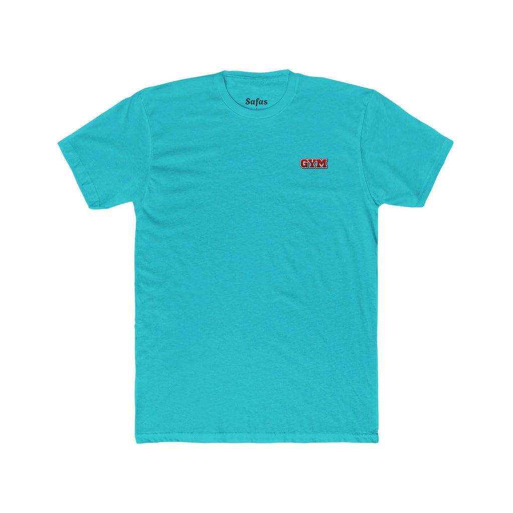 Solid Tahiti Blue t-shirt with a small red and black logo on a white background