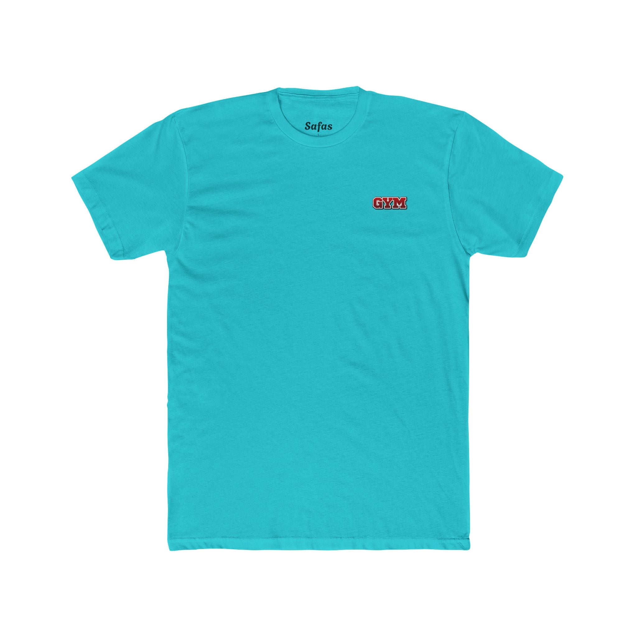 Solid Tahiti Blue t-shirt with a small red and black logo on a white background