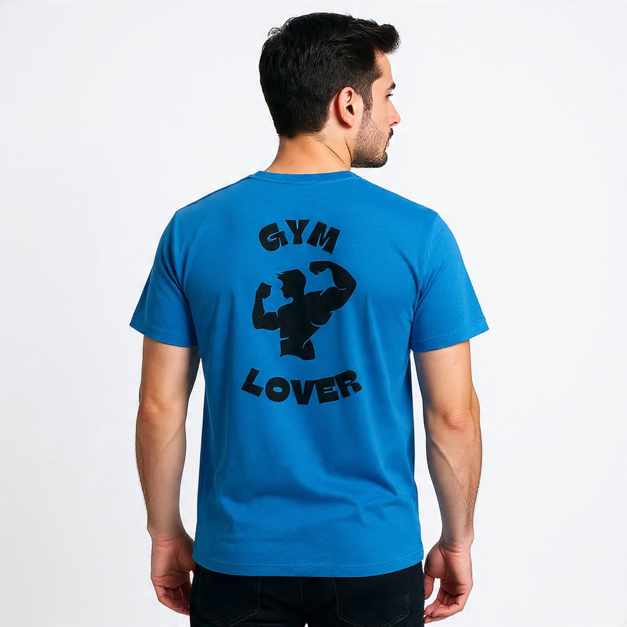 Man wearing a Solid Turquoise t-shirt with 'Gym Lover' text and graphic on the back against a light gray background