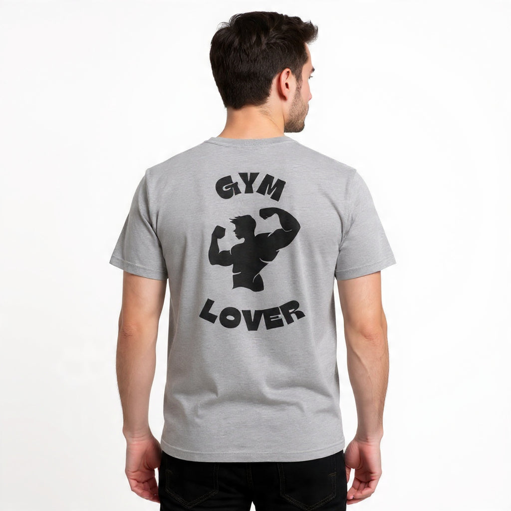 Person wearing a Solid light gray t-shirt with 'Gym Lover' text and graphic on the back.
