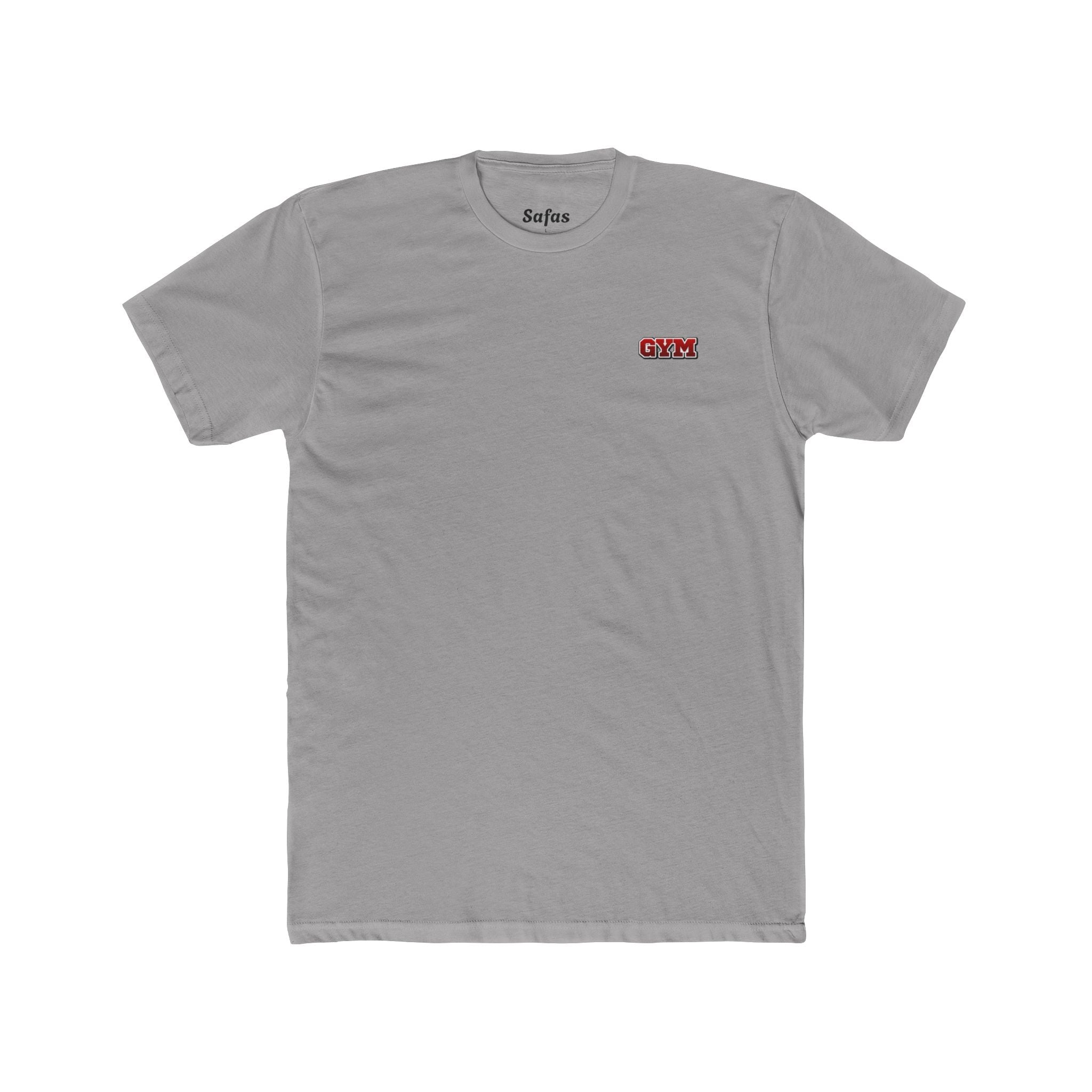 Solid light Gray t-shirt with a small red and black logo on a white background