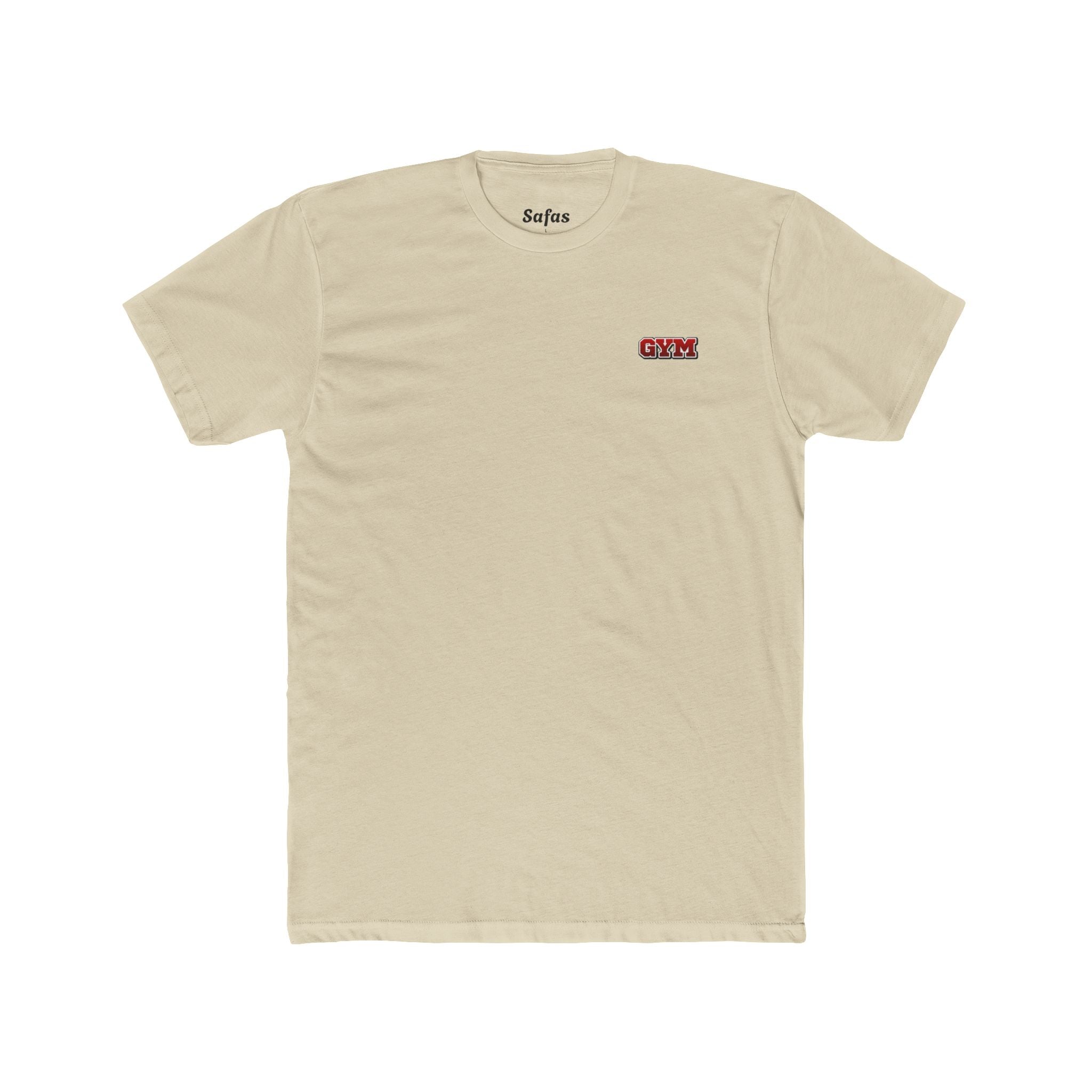 Solid Cream t-shirt with small logos on a white background