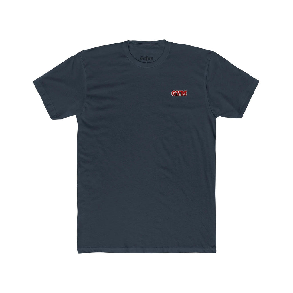 Solid Indigo t-shirt with a small red and white logo on a white background