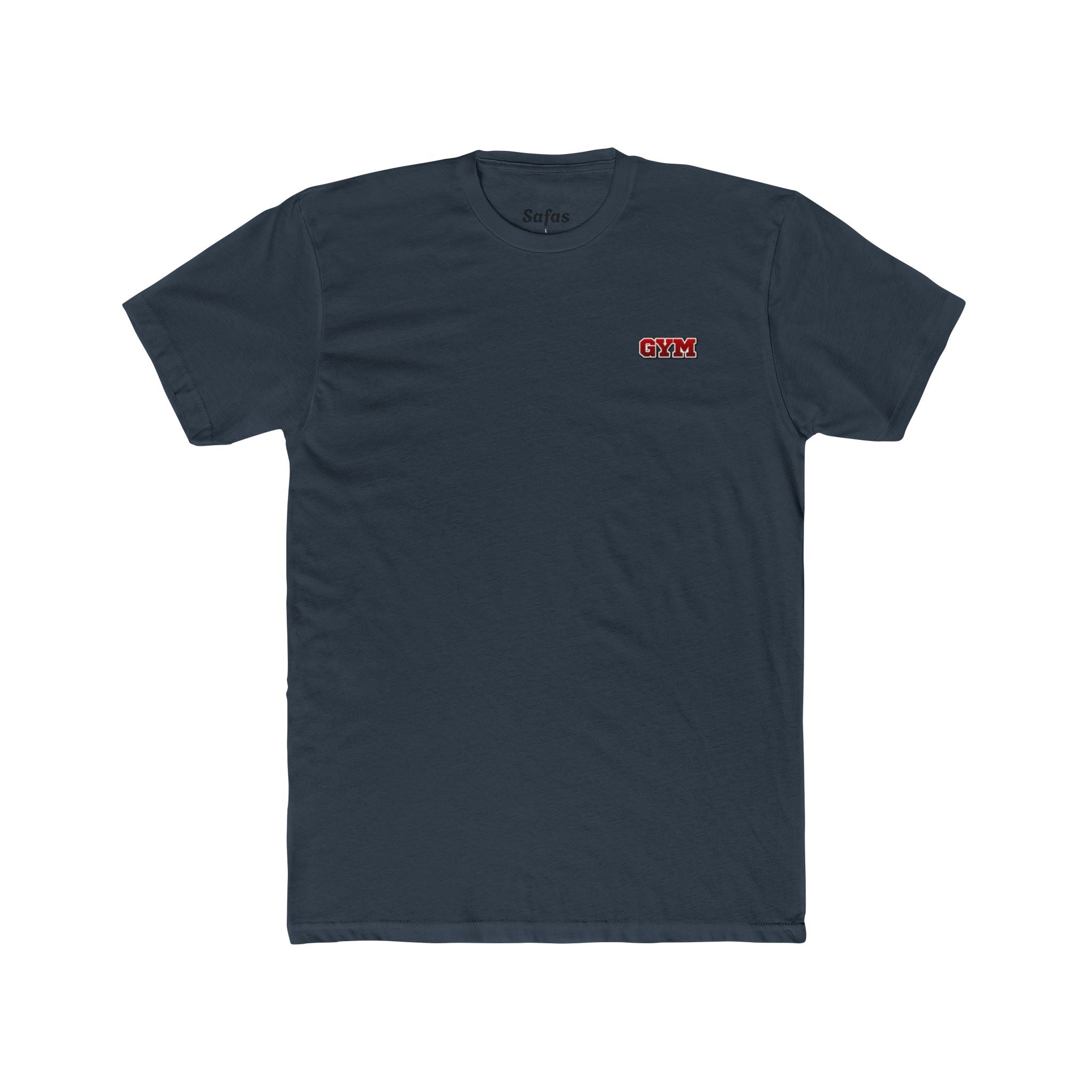 Solid Indigo t-shirt with a small red and white logo on a white background