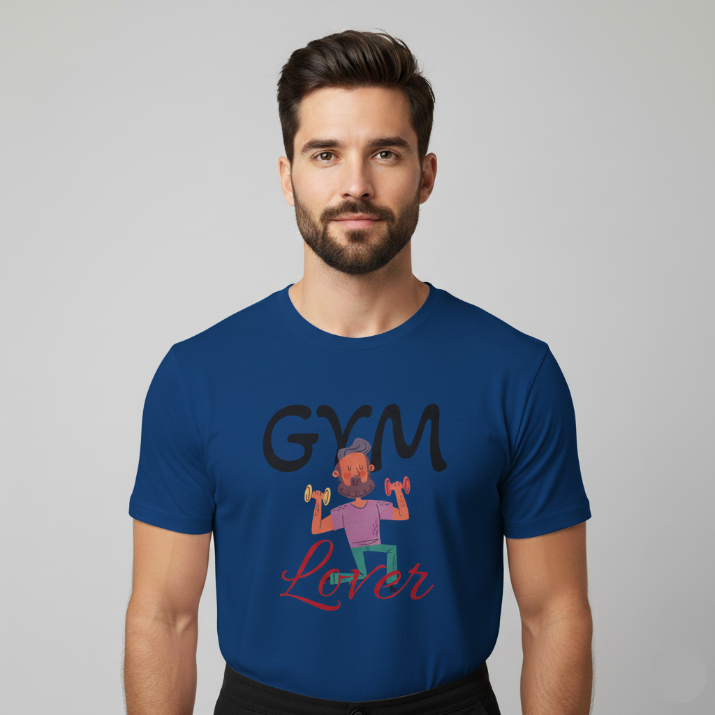Man wearing a Solid Cool blue t-shirt with 'Gym Lover' graphic design on a gray background