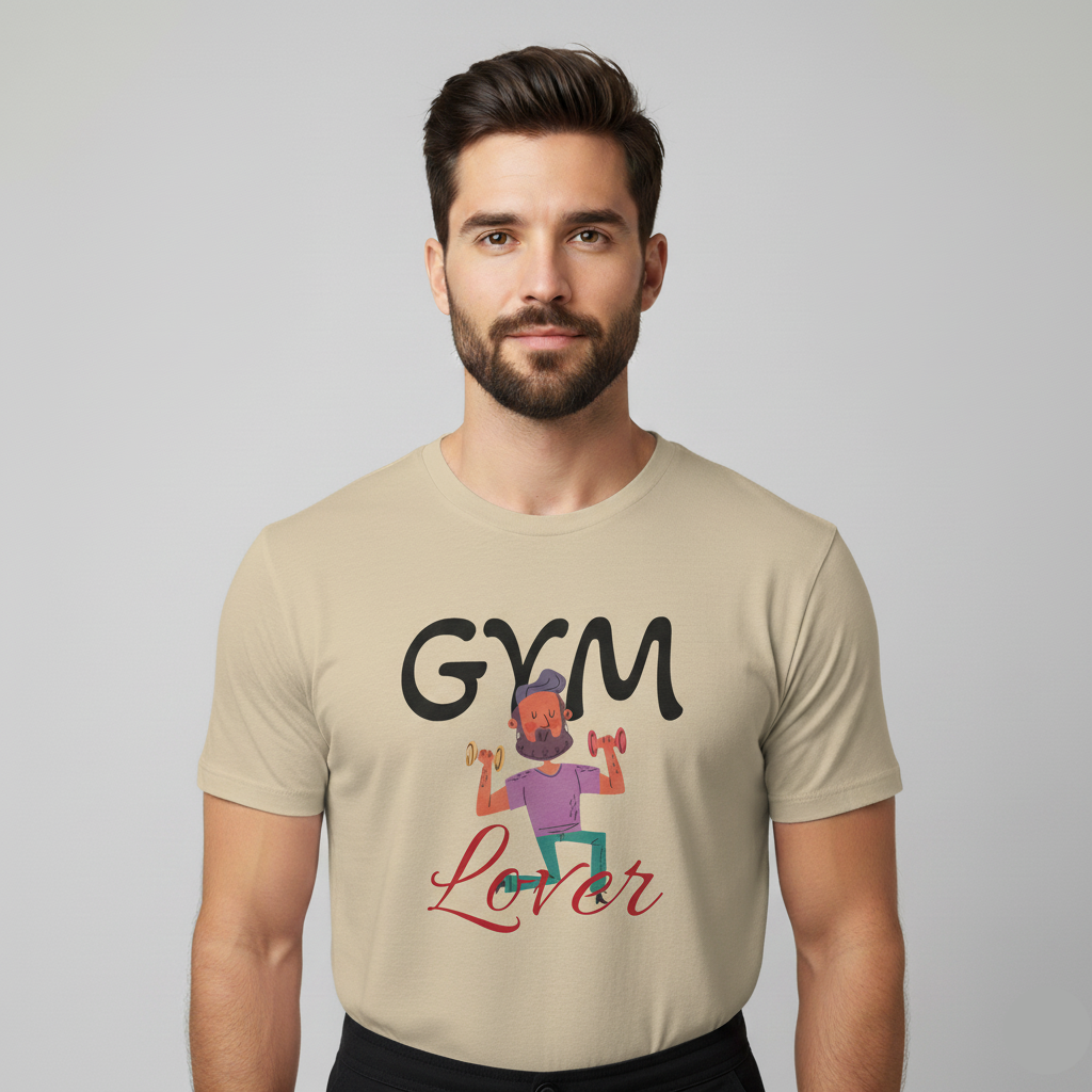Man wearing a Solid Cream t-shirt with 'Gym Lover' graphic design on a plain background