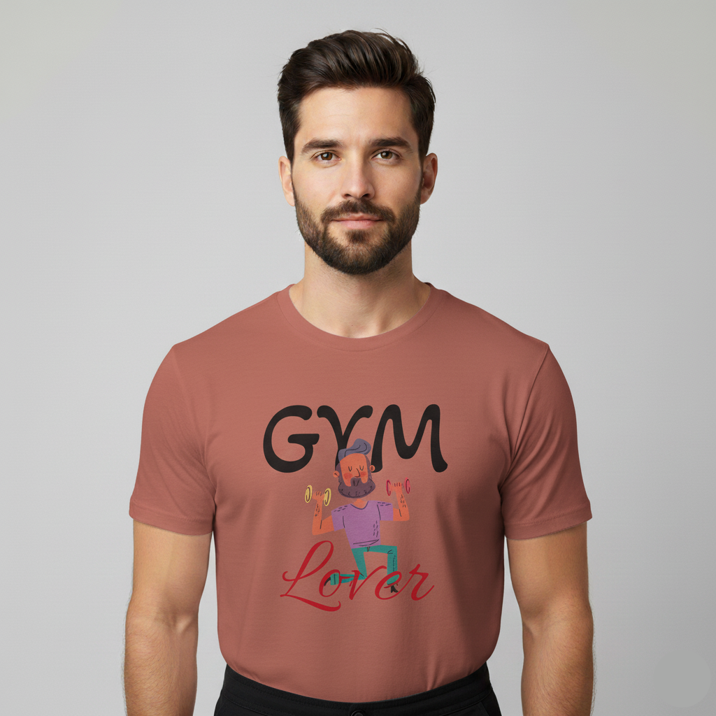 Man wearing a Solid Desert Pink t-shirt with 'Gym Lover' graphic design on a gray background