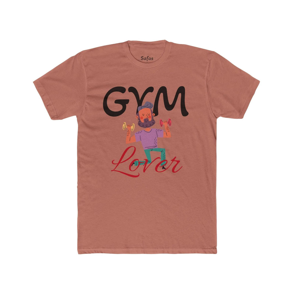 Solid Desert Pink t-shirt with 'GYM Lover' graphic design featuring a cartoon character lifting weights on a white background.