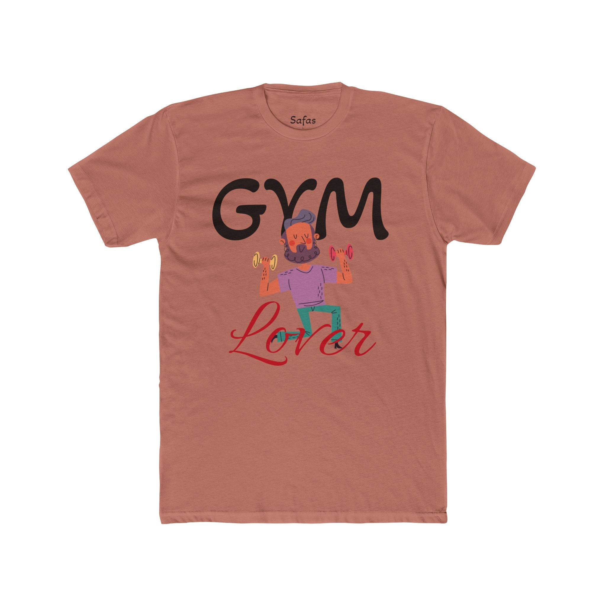 Solid Desert Pink t-shirt with 'GYM Lover' graphic design featuring a cartoon character lifting weights on a white background.