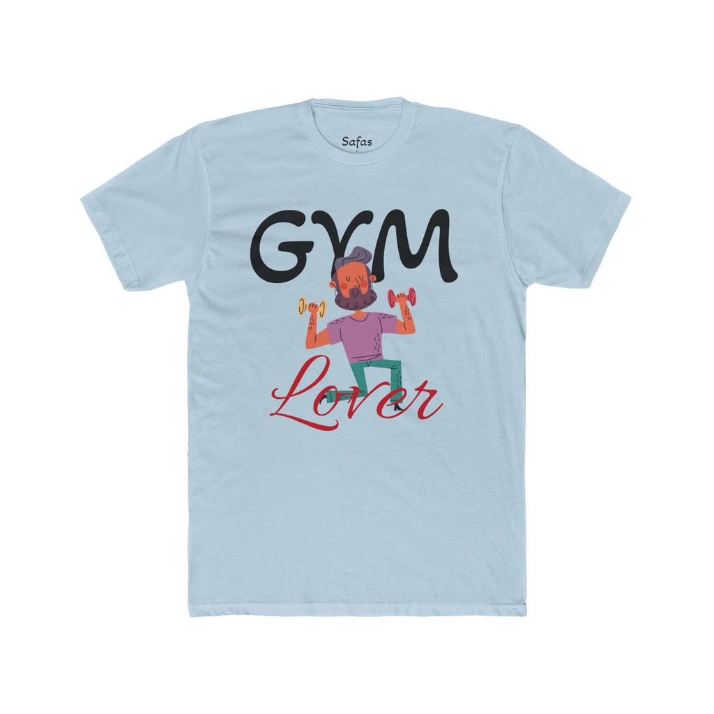 Solid Light blue t-shirt with 'Gym Lover' graphic and text on a white background
