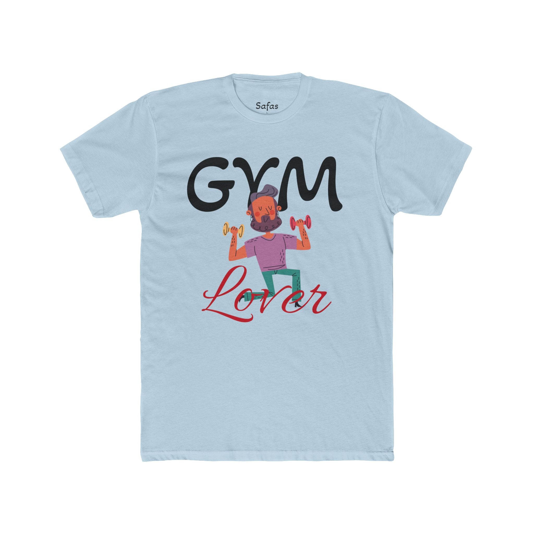 Solid Light blue t-shirt with 'Gym Lover' graphic and text on a white background