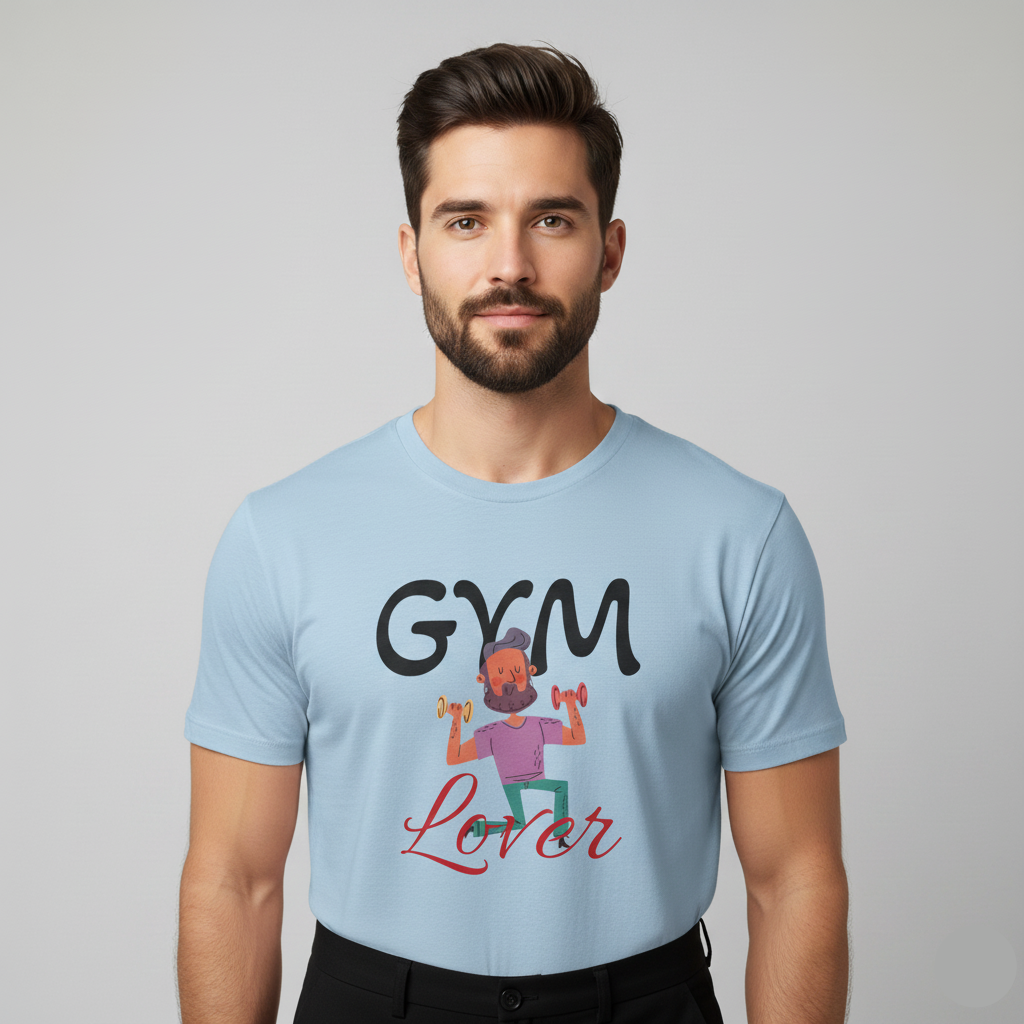 Man wearing a Solid light blue t-shirt with 'Gym Lover' graphic design on a gray background