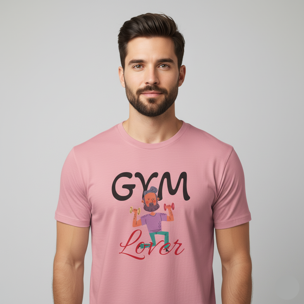 Man wearing a Solid Light pink t-shirt with 'Gym Lover' graphic design on a gray background