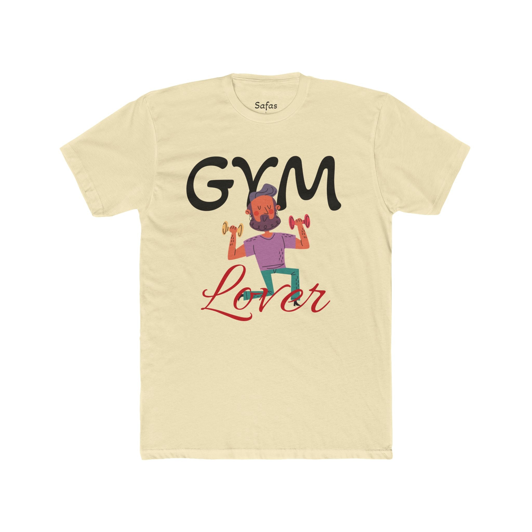Solid Natural t-shirt with 'Gym Lover' graphic and 'Safos' branding on a white background
