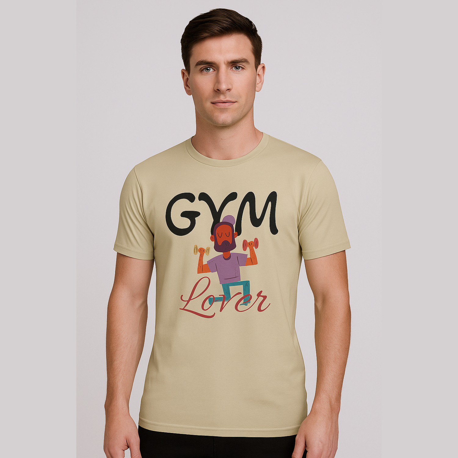 Man wearing a Solid Natural t-shirt with 'GYM Lover' graphic design on a plain background
