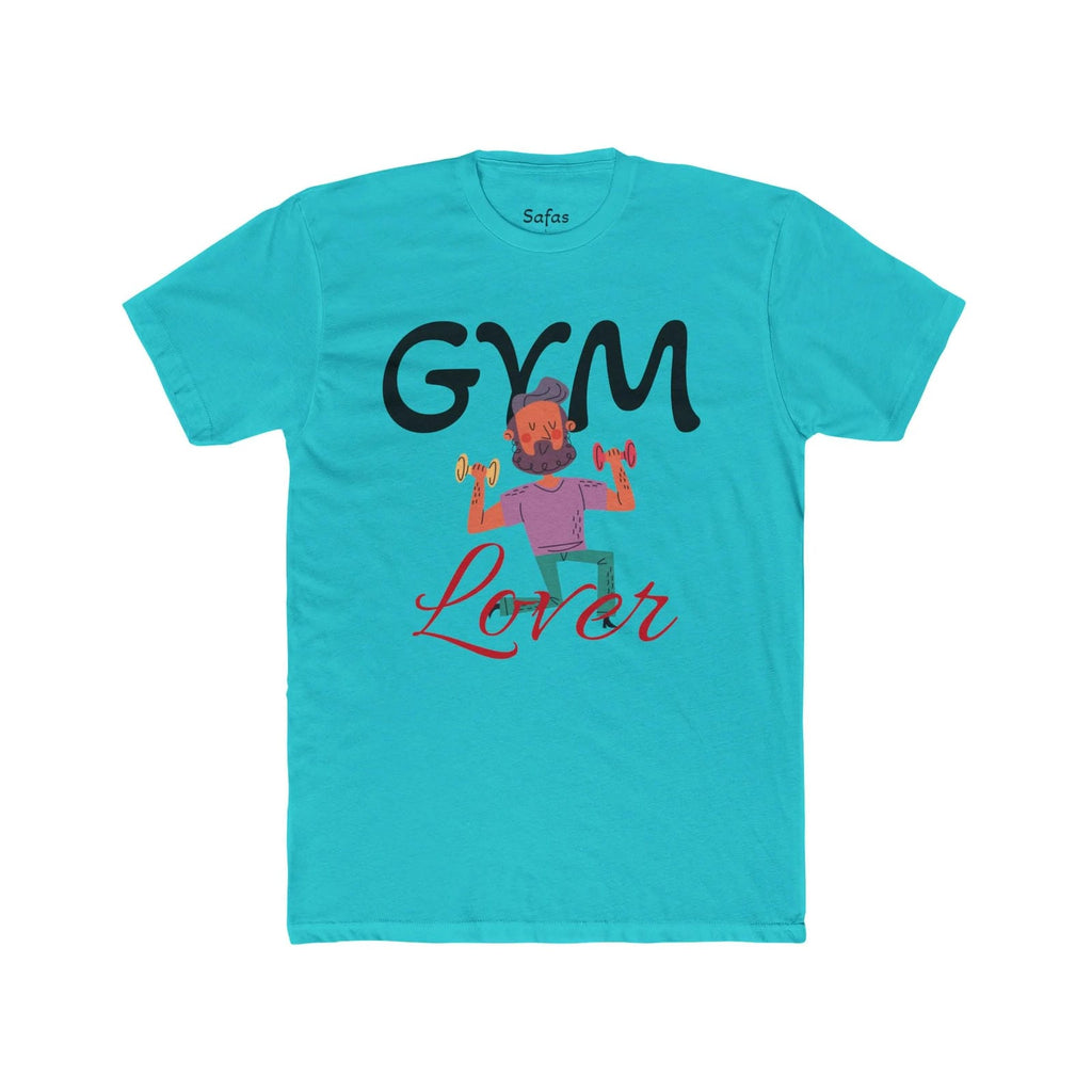 Solid Tahiti Blue t-shirt with 'Gym Lover' graphic design on a white background